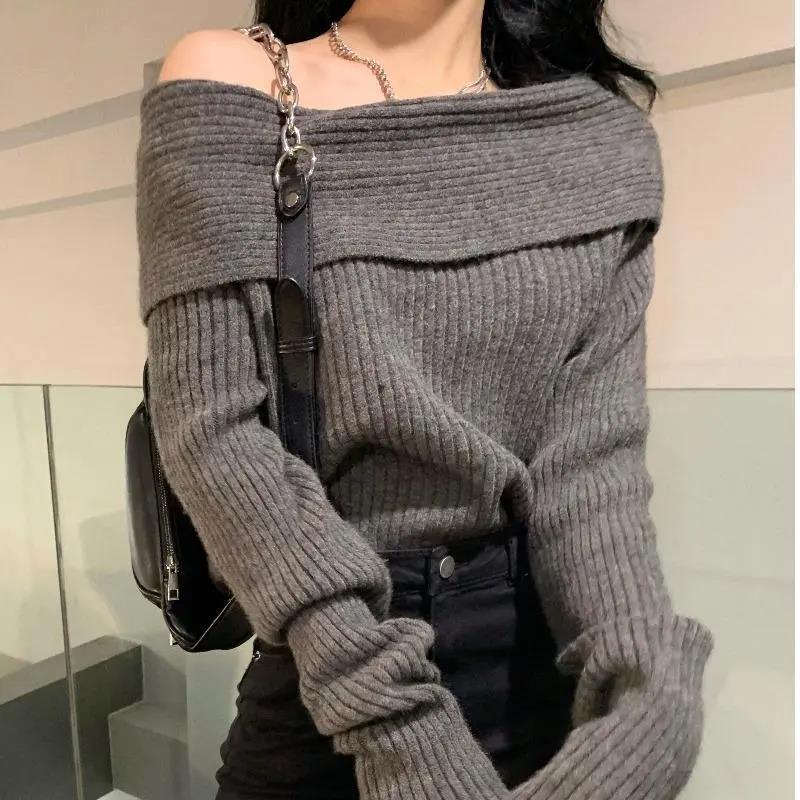 Suhao seksi off-the-shoulder satu-leher sweater wanita longgar gaya malas musim gugur dan musim dingin kualitas tinggi one-shoulder sweater pakaian rajut