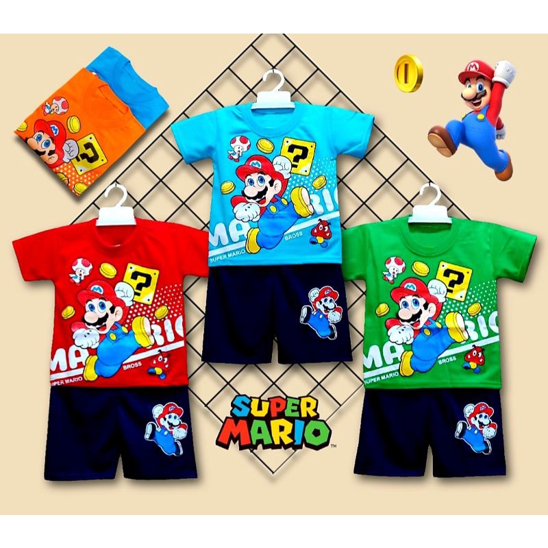 SETELAN ANAK KARAKTER SUPERMARIO USIA 1-10THN TAMBAH TOPI/SETELAN MARIOBROS/TOPI MARIOBROS