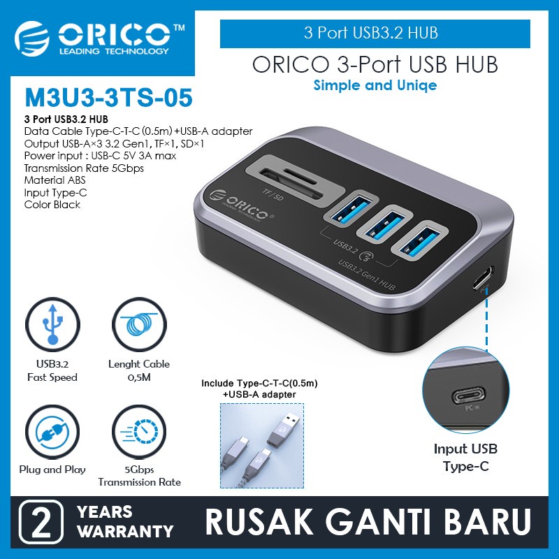 Type-c to Usb A 3.2 hub orico 3 port 5Gbps 50cm cable with sd tf card usb-A adapter pd m3u3-4a-05 - Terminal usb3.2
