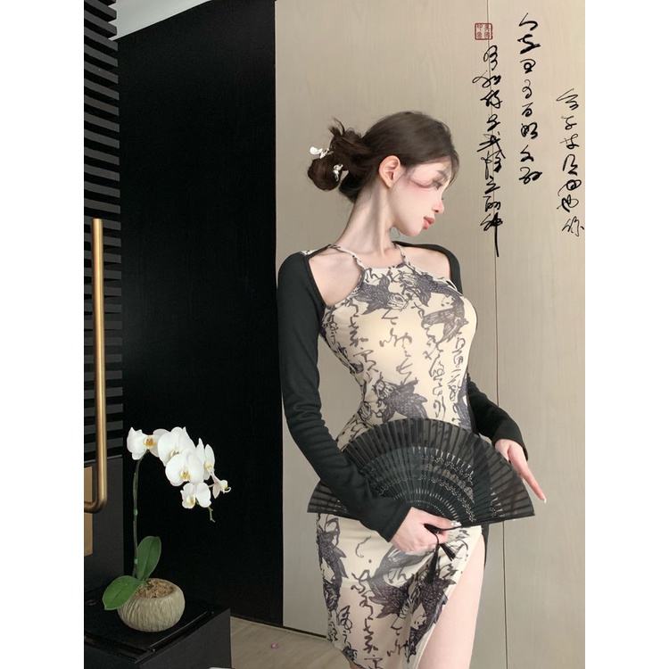 Suhao gaun keinginan murni wanita musim panas gaya Cina hot girl lengan panjang menggantung leher splicing ketat pinggul rok celah panjang