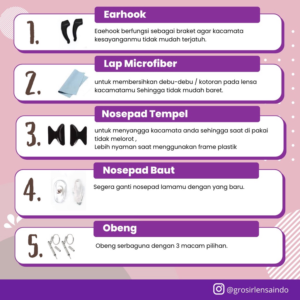 AKSESORIS KACAMATA REKOMENDASI PILIHAN / NOSEPAD BAUT DAN TEMPEL / EARHOOK / LAP KACAMATA /OBENG