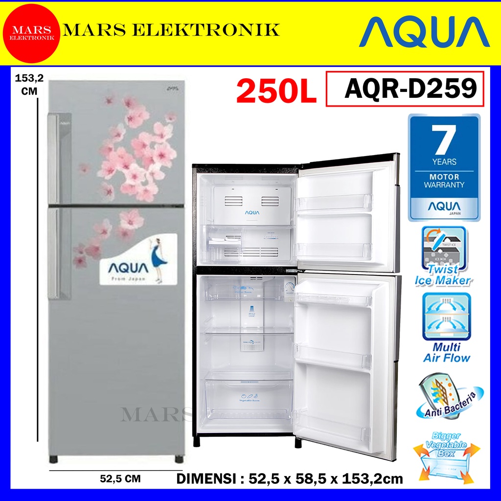 KULKAS AQUA AQR-D259 - 250 LITER - KULKAS AQUA 2 PINTU -  AQR D 259 - AQRD259 - READY