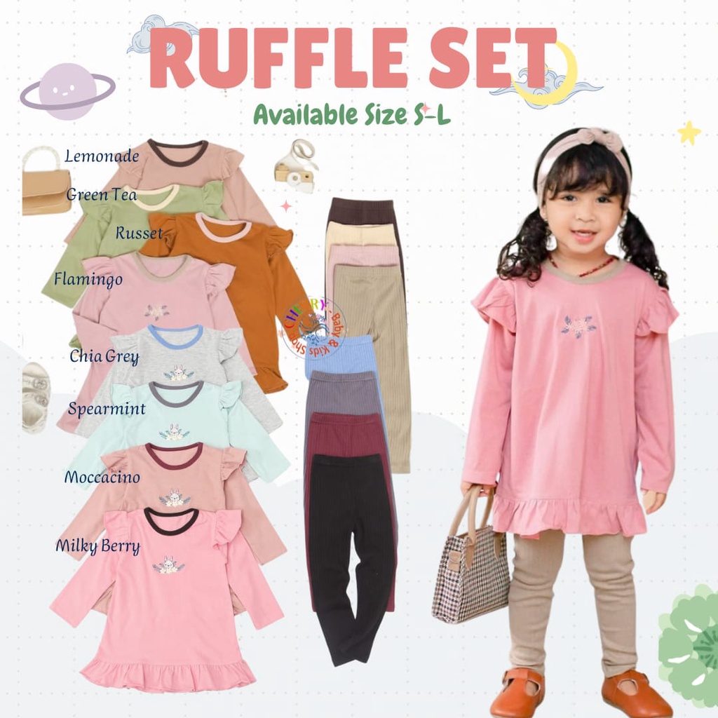 Twin Tiger Ruffle Set / Flare Set 1-4 Tahun Setelan Ruffle Legging Fashion Anak Perempuan Muslim / Raya / Lebaran CBKS
