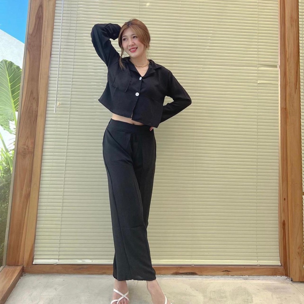 One set Crinkle Setelan Crop top Blezer - one set wanita kekinian YPD