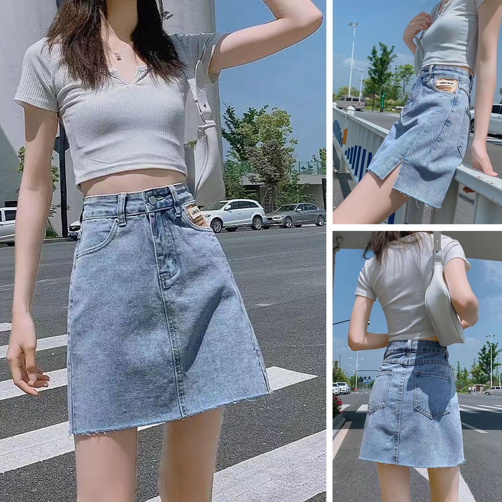 Jual rok korea rok jeans pendek wanita belah samping rok span pendek 3
