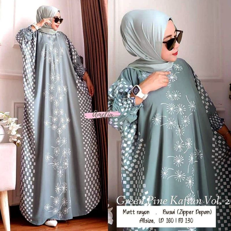 Kaftan Wanita - Daunda Kaftan Size Jumbo XXXXL Motif Daun Lengan Panjang Busui Resleting by Nadira_Fashion / Gamis Rayon Jumbo Kaftan Terbaru-Hoshi grenpine