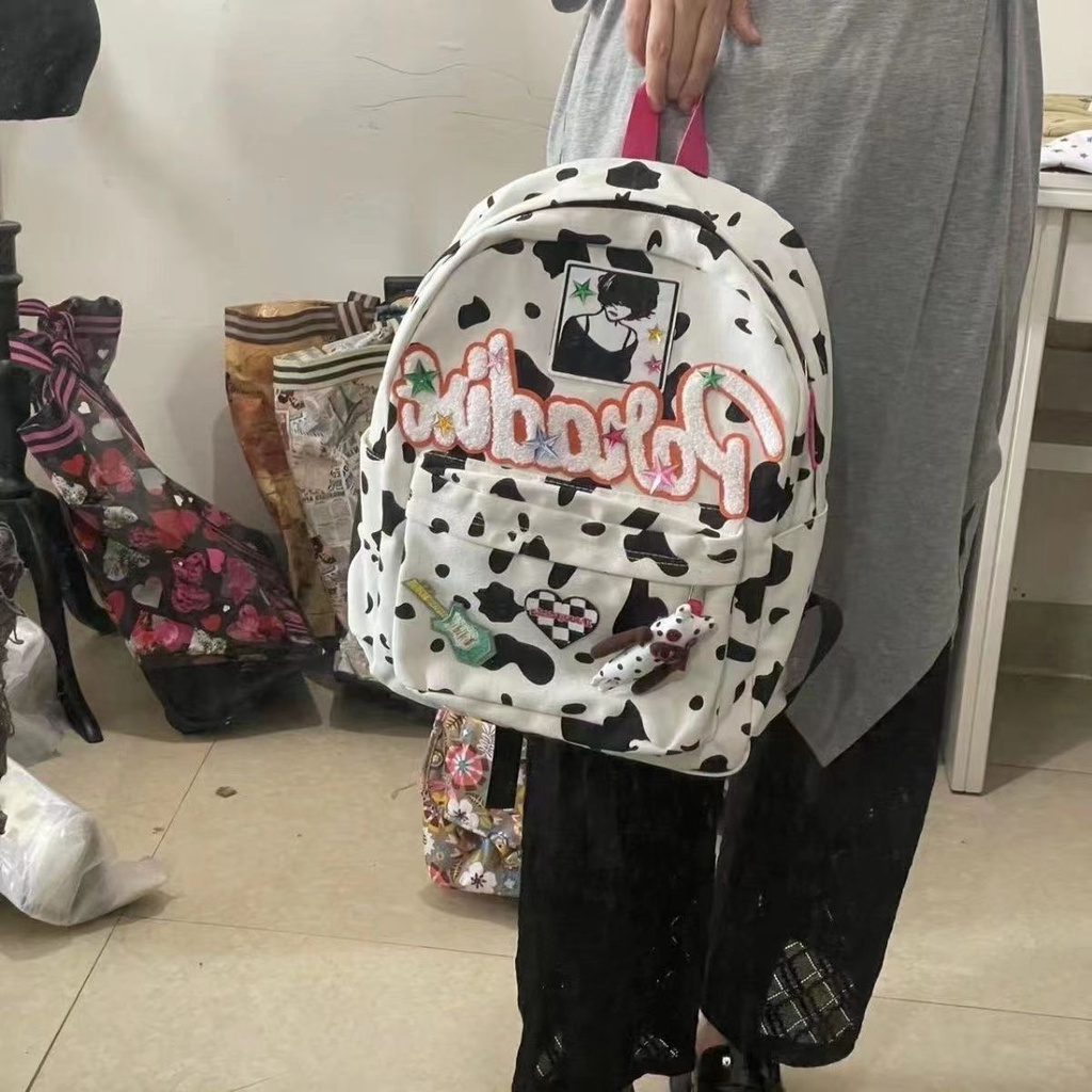 ✽♂№Asli Y2K Milenial Cute Kitty Ransel Merah Muda Sapi Garis Sekolah Niche Zipper Ransel Kasual