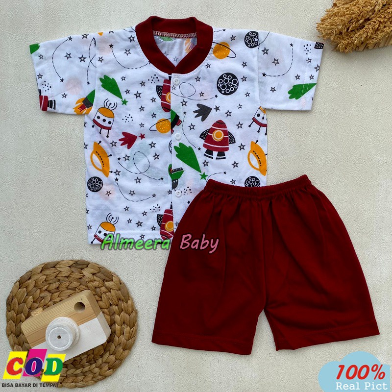 Setelan Baju Bayi Piyama Bayi Lengan Pendek Kancing Depan Motif Laki Laki Usia 3-12 Bulan Almeera Baby and Kids