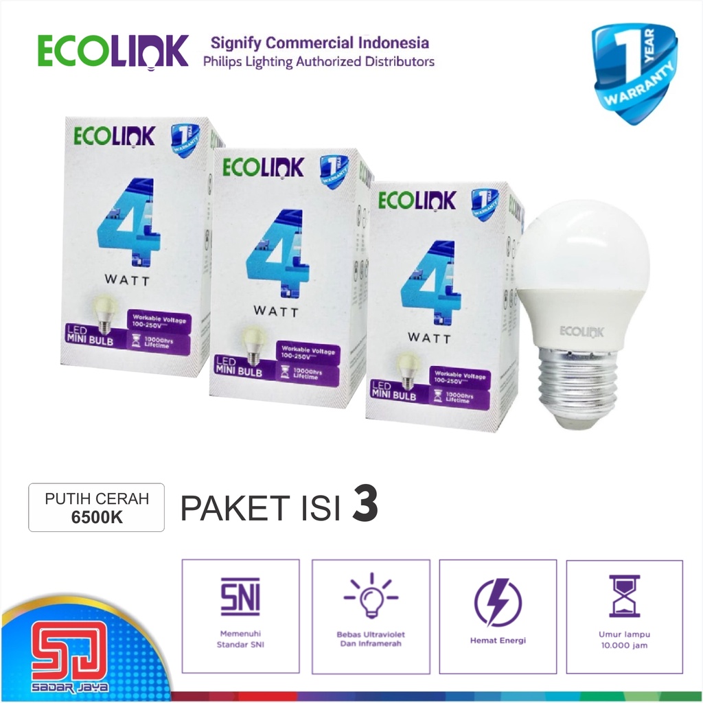 Paket 3pcs ECOLINK Lampu 4W LED 4Watt Mini Bulb Bohlam 4 Watt  - 6500K Cool Daylight Putih