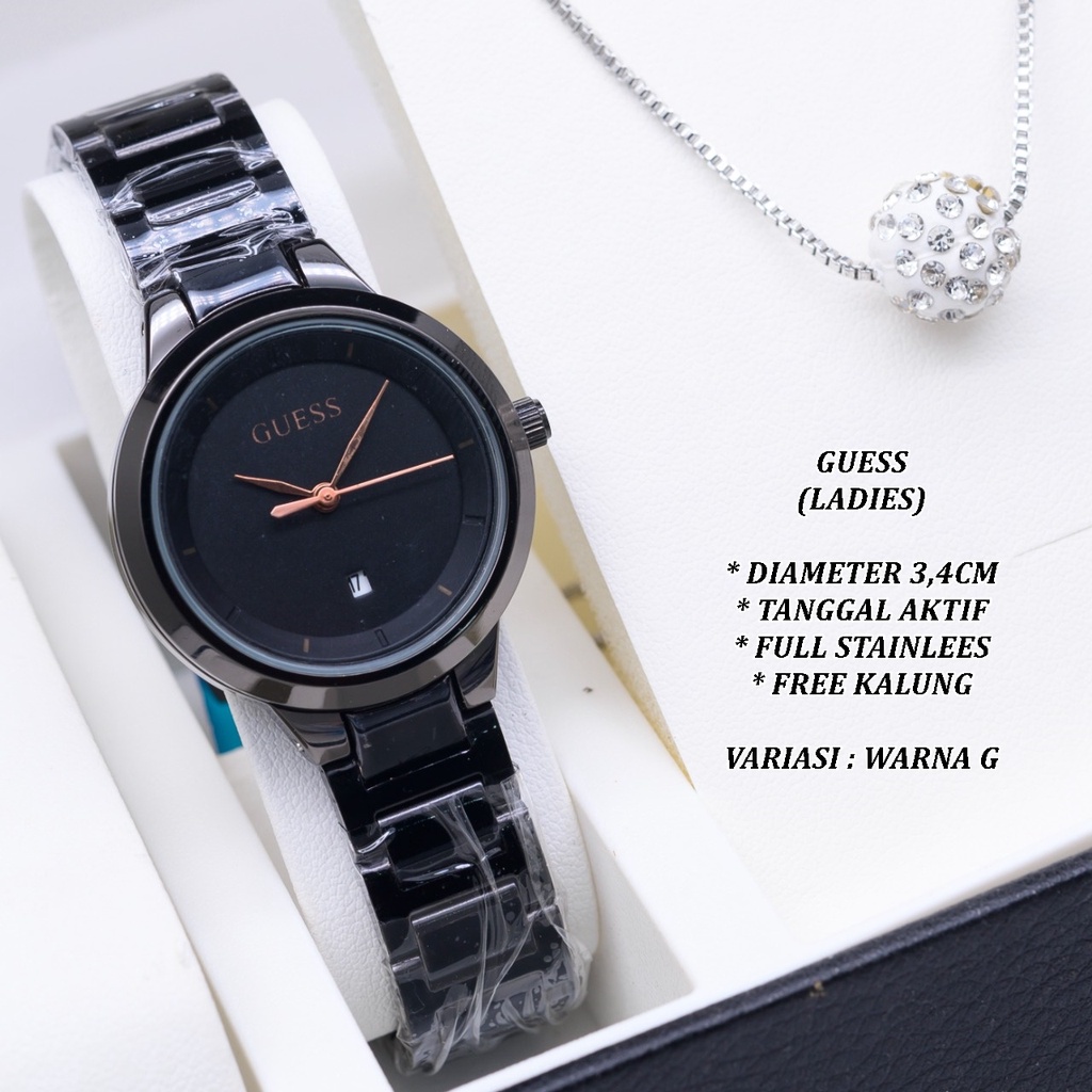 (BISA COD) JAM TANGAN WANITA GUESS HR-0003 FULL STAINLEES TANGGAL AKTIF FREE KALUNG