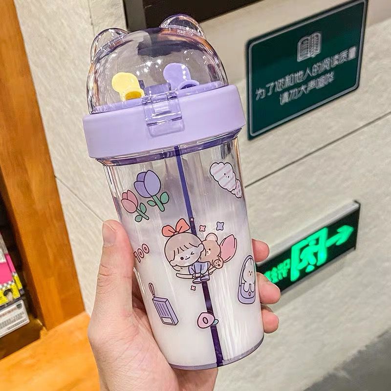 BOTOL MINUM ANAK/COUPLE 2 SISI KEPALA BERUANG 420ML BPA FREE (INCLUDE SEDOTAN DAN STIKER LUCU)