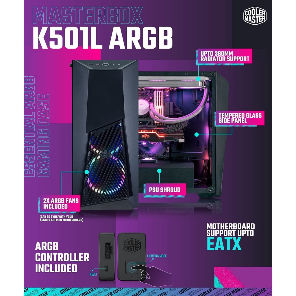 Cooler Master MasterBox K501L ARGB + 3 Fan Casing PC Gaming