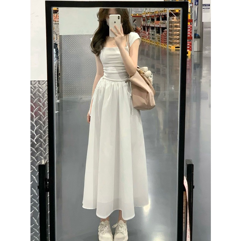 Gaya Prancis angin lembut gaun kerah persegi putih wanita musim panas ceruk pinggang baru rok a-line