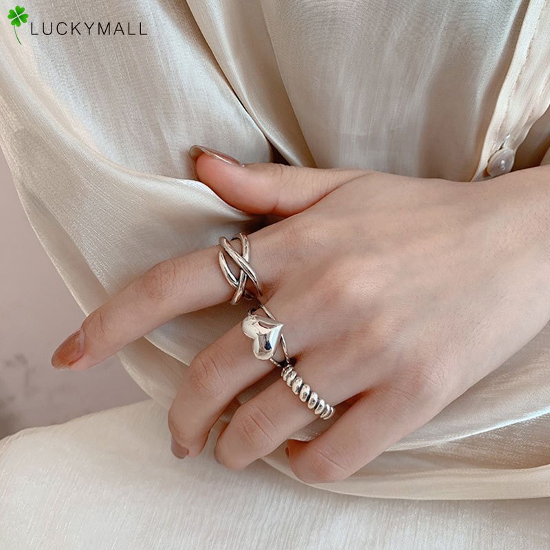 3pcs / Set Cincin Model Terbuka Desain Hati Silang Warna Silver Untuk Wanita