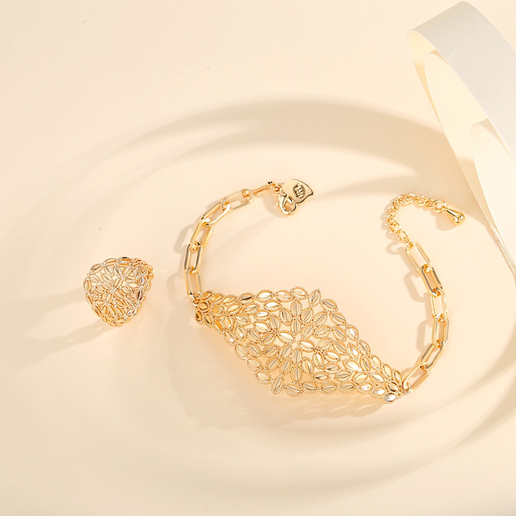 Y878 【Barang spot】18K Lapis Emas Set Gelang Cincin Wanita Titanium Mewah Anti Karat Anti Luntur Set Perhiasan Dewasa Pernikahan