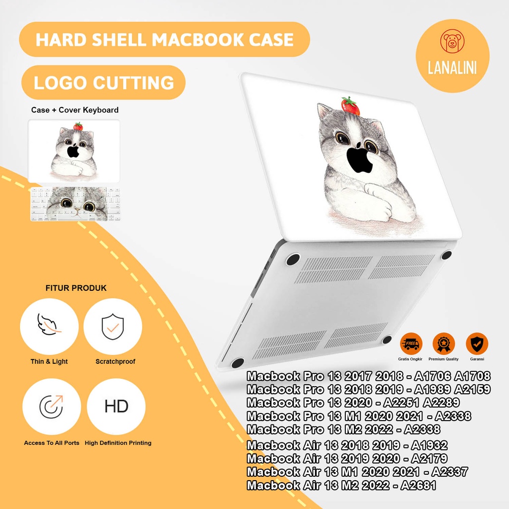 Case Casing Protective Pelindung Laptop Macbook Air Pro 13 M1 M2 2017 2018 2019 2020 2021 A1932 A2179 A2337 A1706 A1708 A1989 A2159 A2251 A2289 A2338 A2681 Gambar Kartun Anak Kucing Cat Warna Putih White Motif Lucu Hardcase Murah