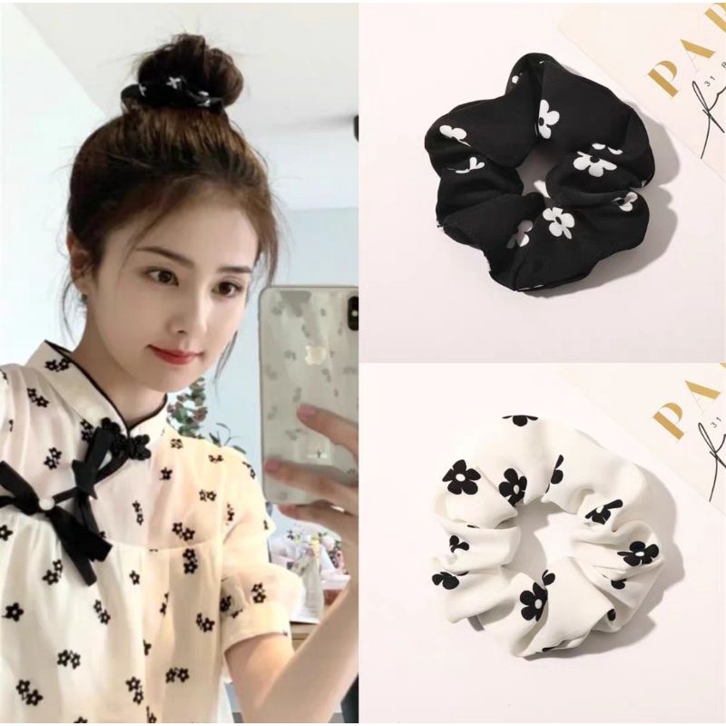 Ikat Rambut Scrunchie Korea Motif Bunga Daisy Kunciran Rambut Model Korea Nude Series