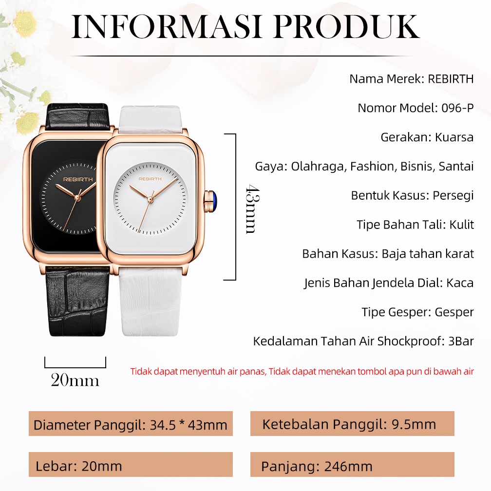 REBIRTH Jam Tangan Wanita Tali Kulit Mode Santai Squre Dial Anti Air Jam Tangan Cewek Original