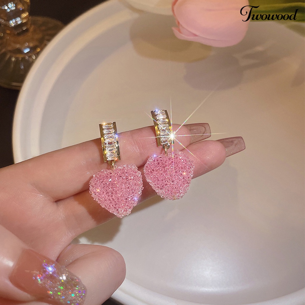 1 Pasang Anting Stud Liontin Geometris Kubik Zirkonia Anti Pudar Warna Pink Fudge Love Untuk Wanita