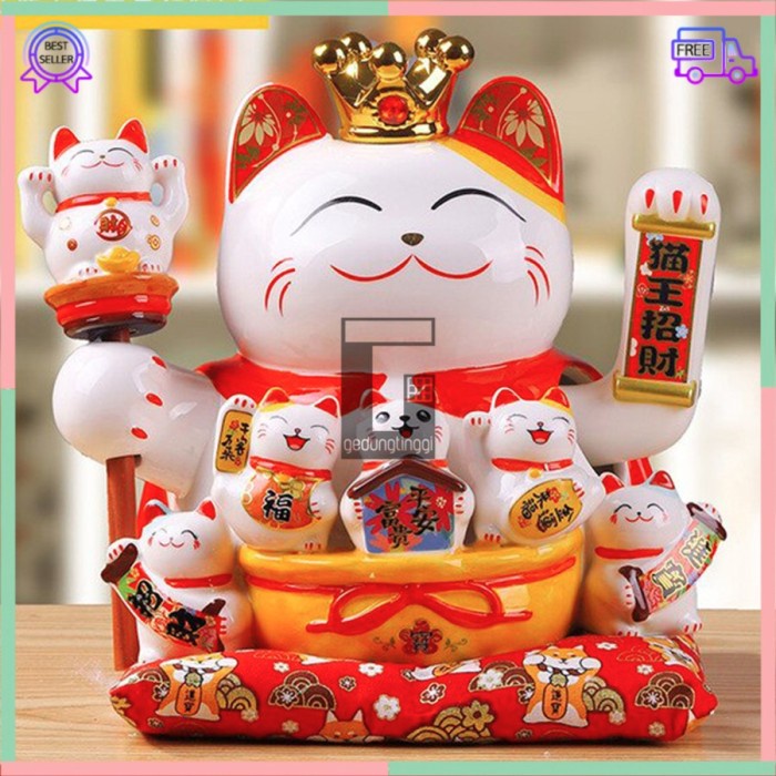 Pajangan Patung Hiasan Boneka Dekorasi Kucing Bawa Panggil Rejeki Rezeki Hoki Maneki Neko Maneko Neki ManekiNeko Lucky Cat Keberuntungan Baterai Batrai Batre Listrik Tangan Goyang Gerak Meja Kasir Toko Resto Cafe Cina China Jepang Jumbo Besar XL Keramik