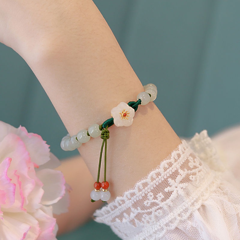 Suhao Hetian Gelang Giok Wanita Musim Panas Ins Niche Design 2022 Baru Trendi Begonia Bunga Rumbai Gelang Anyaman Gelang