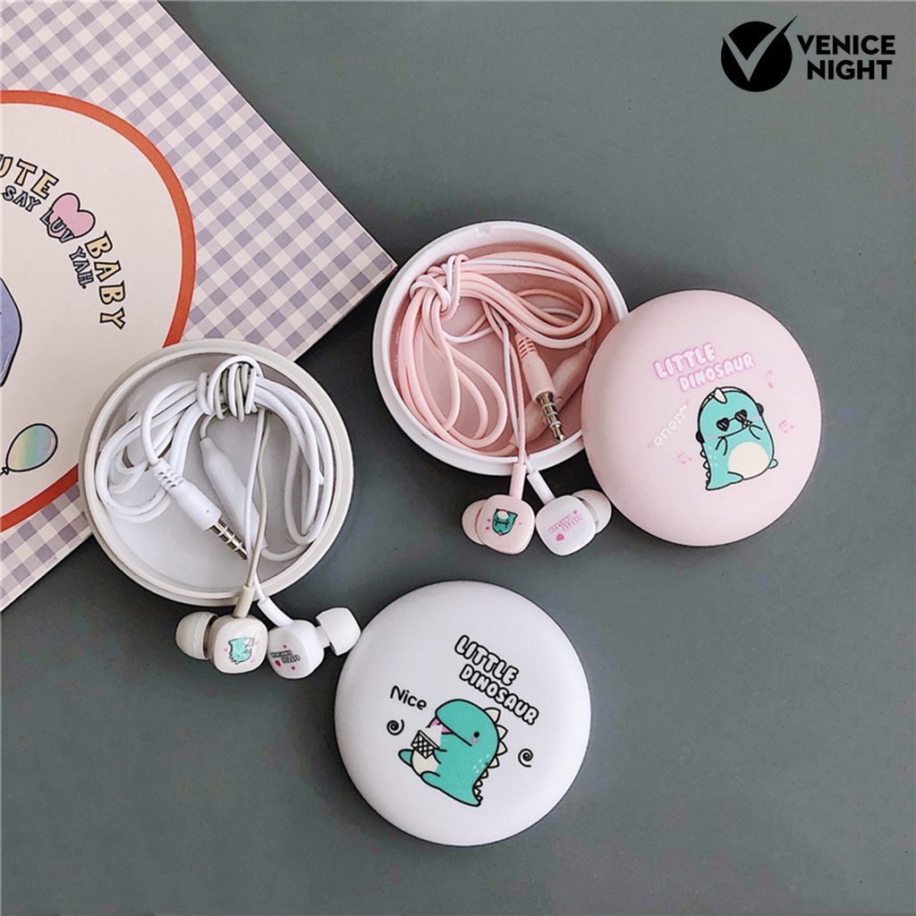 (VNEP) (Berkabel) Earbud Kartun Lucu Universal Bass In-Ear Mic Earphone dengan Kotak Penyimpanan