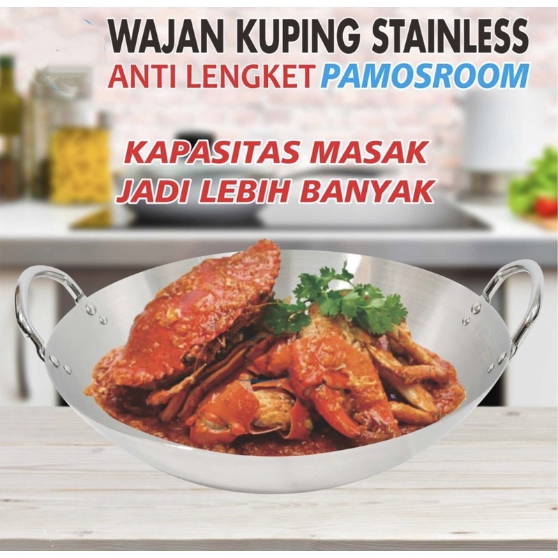 PENGGORENGAN WAJAN KUALI STAINLESS - KUALI PREMIUM TEBEL 34CM - WAJAN MULTIFUNGSI ANTI LENGKET DENGAN PEGANGAN STAINLESS