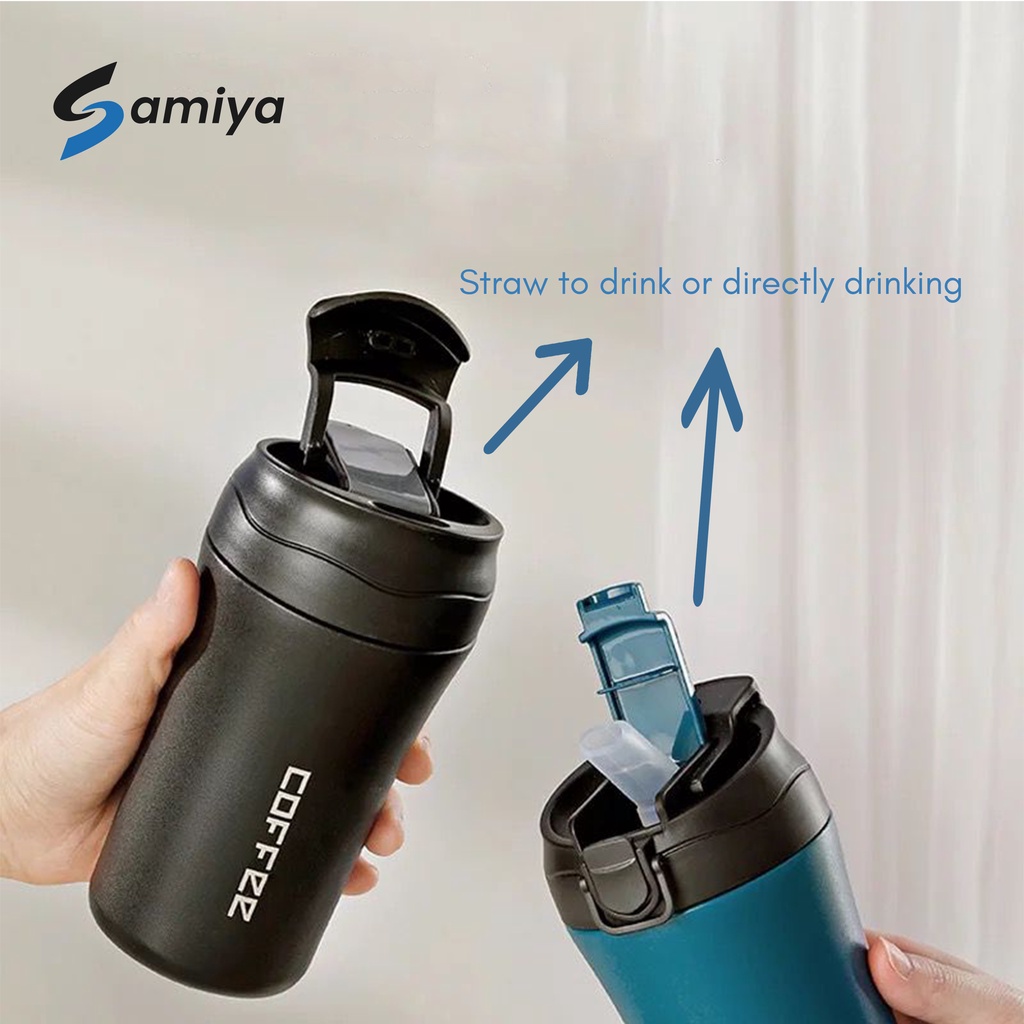 coffee tumbler dual drinking with straw / botol minum portable stainless 2in1 sedotan 400ml FREE custom grafir nama / thermos mug hot and cold