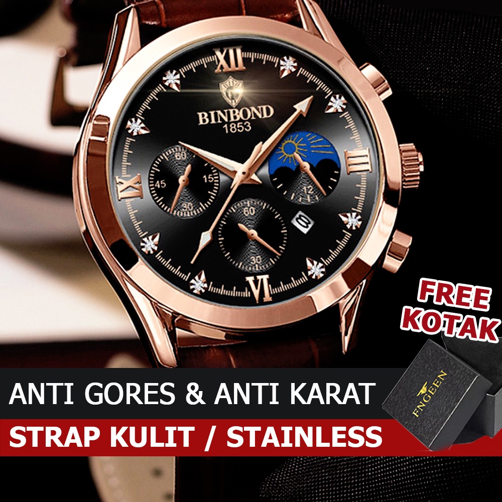 Jam Tangan Pria Kulit dan Stainless Impor Binbond B3591 Original Tahan Air Fashion Business Auto Date Analog