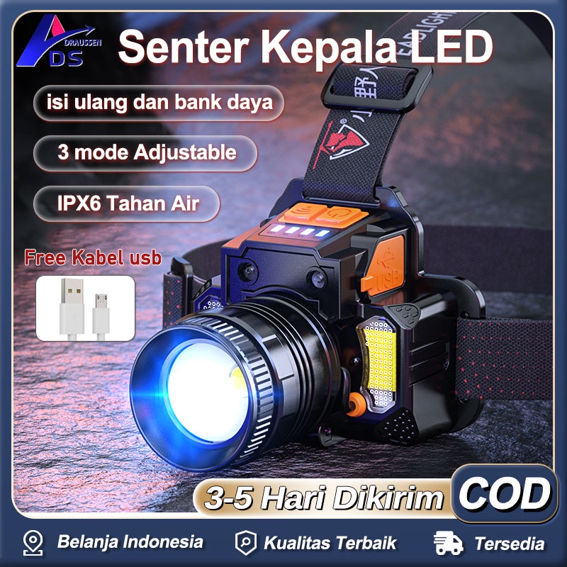 Senter Kepala Super Terang Headlamp Senter Kepala Anti Air LED Usb Isi Ulang Induksi Lampu