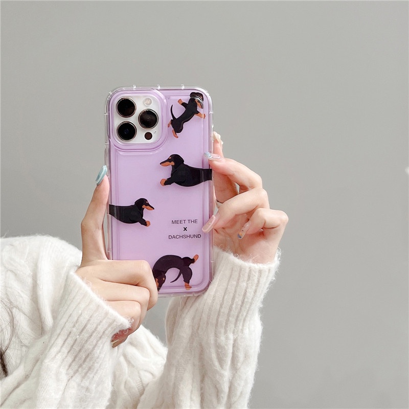 Casing Soft Case TPU Transparan Motif dachshund Ungu Untuk IPhone 14 13 12 11 Pro Max Plus