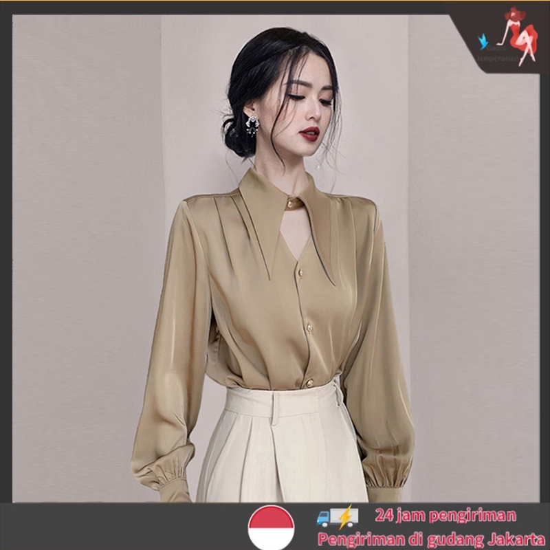Kemeja Satine Premium Wanita Lengan Panjang Blouse Kemeja Kantor Import Polos Shirt