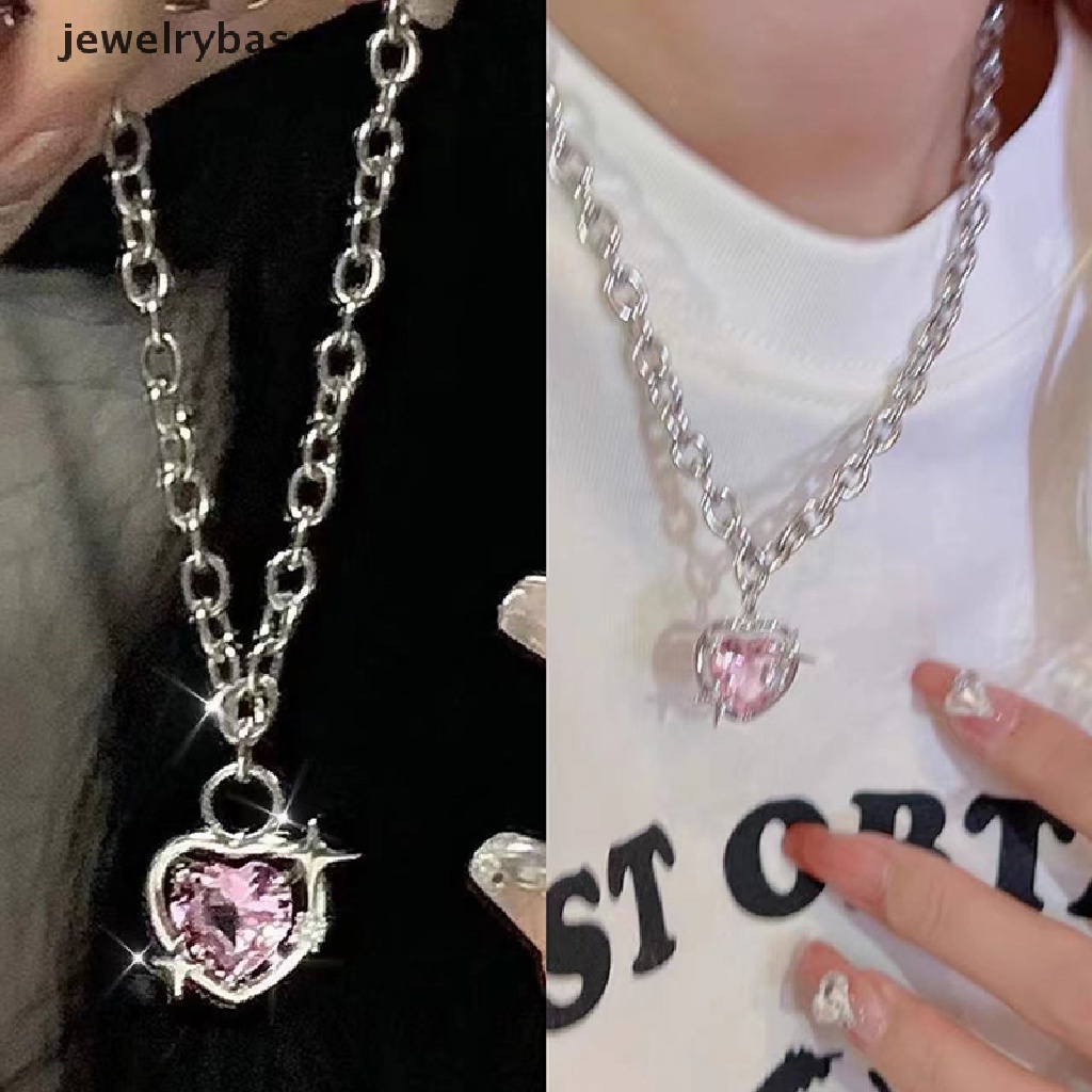 Kalung Rantai Klavikula Hias Liontin Hati Tetesan Air Kristal Warna Pink