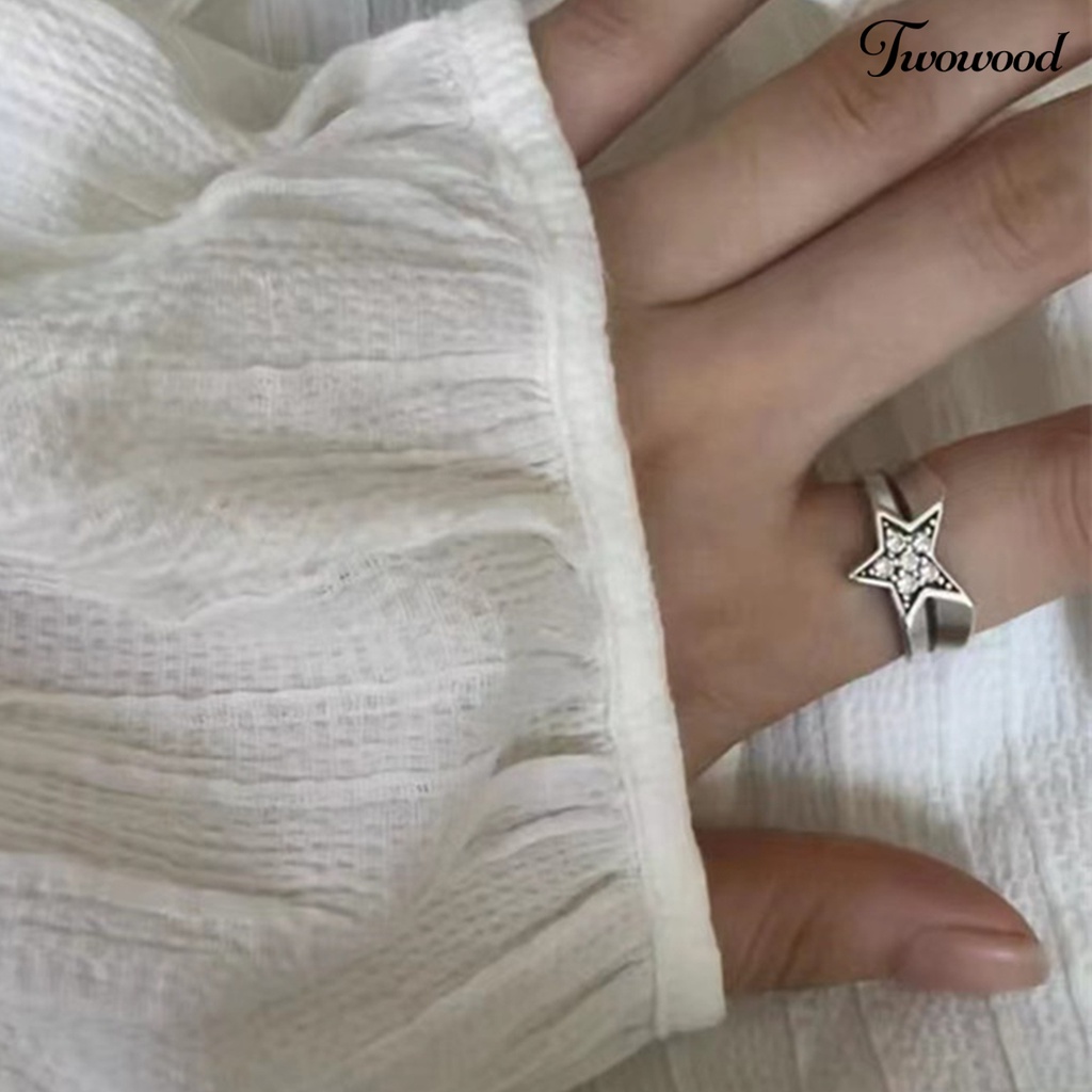 Cincin Model Terbuka Desain Pentagram Irregular Aksen Berlian Imitasi Gaya Vintage Untuk Wanita