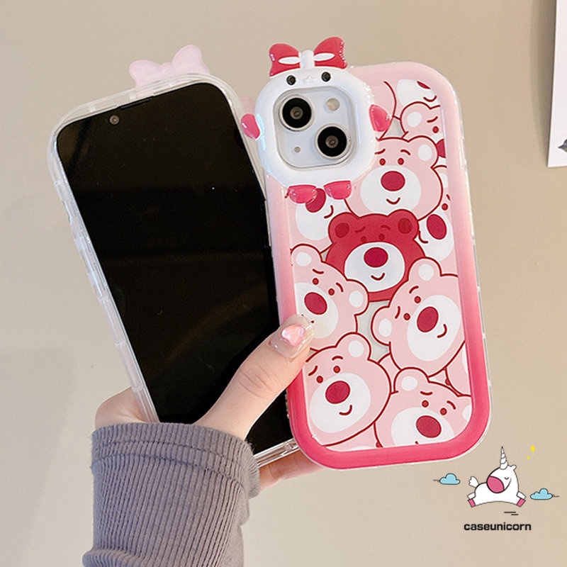 Realme C30 C33 C33 C12 C15 C21Y C31 C11 C25Y C35 C25 C25s C21 C2 C1 C3 C17 8 8i 7 9 8pro 9pro+5 6i 9i 5s 5 7i Strawberry Bear Manyo Kartun Lucu 3D Bow Little Monster Lens Lembut Case Tempat Kotak Makan