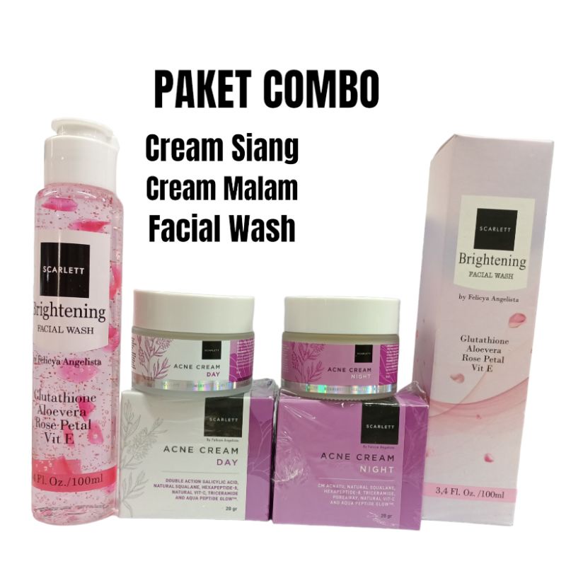 Paket Combo Scarlett 3in1 Cream Siang Cream Malam Dan Facial Wash Acne