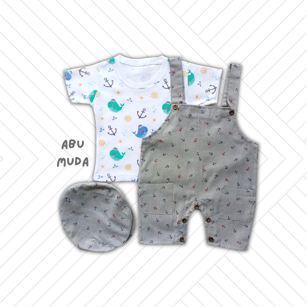 overall baby cowok WHALE baju kodok anak laki laki free topi chino overall romper overall bayi