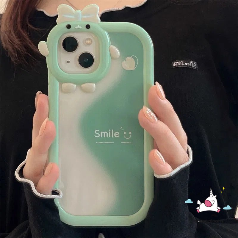 Smile Case Realme C33 9 8 8pro 7 8i 9pro+C25 C15 5 6i 9i 5s 5 7i C25s C12 C31 C21Y C30 C25Y C11 C35 C21 C2 C1 C3 C17 Hijau Splicing Lovely 3D Bow Little Monster Lens Soft Case Tempat Kotak Makan
