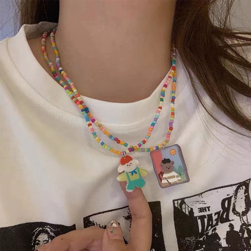 Kalung Manik-Manik Handmade Dengan Liontin Kartun Beruang Kecil Warna-Warni Untuk Wanita