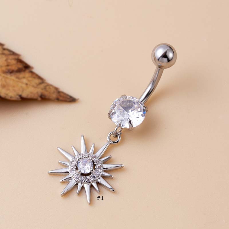 1pc Cincin Tindik Pusar Bentuk Matahari Bulan Ular Butterfly Bahan Stainless Steel 14Gauge