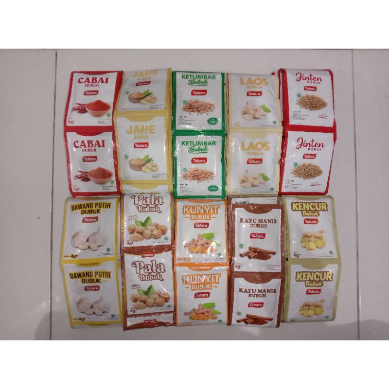

Bumbu Tabura / Bawang Putih Bubuk / Kunyit Bubuk / Ketumbar Bubuk / Kayu Manis Bubuk / Pala