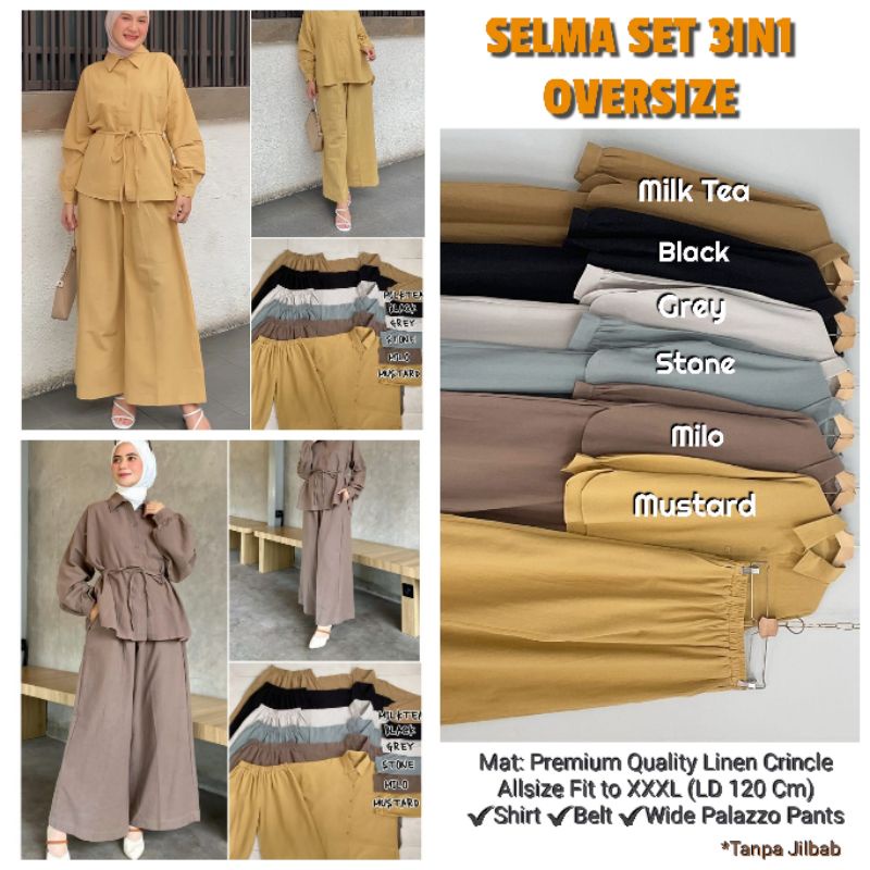 NEW ORIGINAL 100% PREMIUM QUALITY OOTD HIJAB SELMA 3IN1 SET SETELAN OVERSIZE KEKINIAN SET KULOT KEMEJA BISA BUAT UKURAN STANDARD ATAU JUMBO BAJU WANITA BIG SIZE BAJU OOTD WANITA KEKINIAN BAJU WANITA PREMIUM MURAH BERKUALITAS PAKAIAN CEWE TERBARU