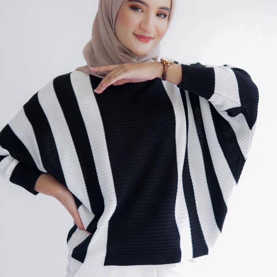 Murah Meriah BATWING STRIPE / LASPERAL RAJUT  BERGARIS / OVERSIZE BLOUSE / ATASAN SWEATER MODEL KELE