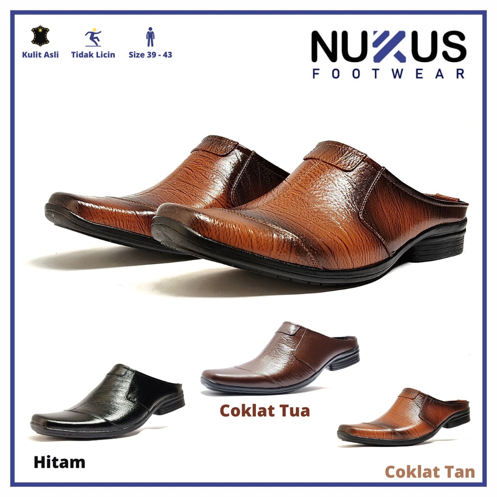 Nukus Sandal Selop Pria Formal Bustong Kulit Sapi Asli Coklat dan Hitam - SL F06 GB