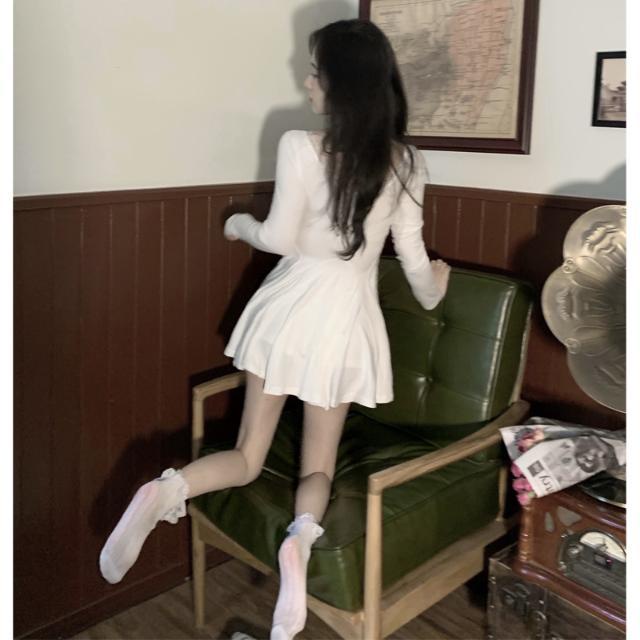 Red Mahasiswa angsa putih keinginan murni peri hati-hati mesin v-neck renda potong pinggang rok musim panas gaun pelangsing