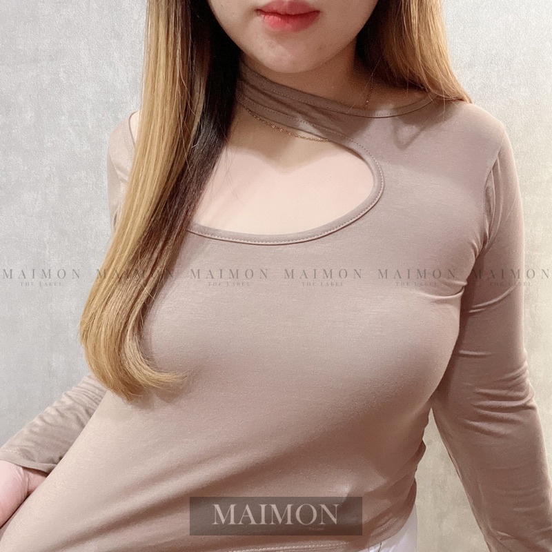 Long Sleeve Asymmetric Cut Out Top | Atasan Spandex Wanita Korean Fashion | Maimon Grosir