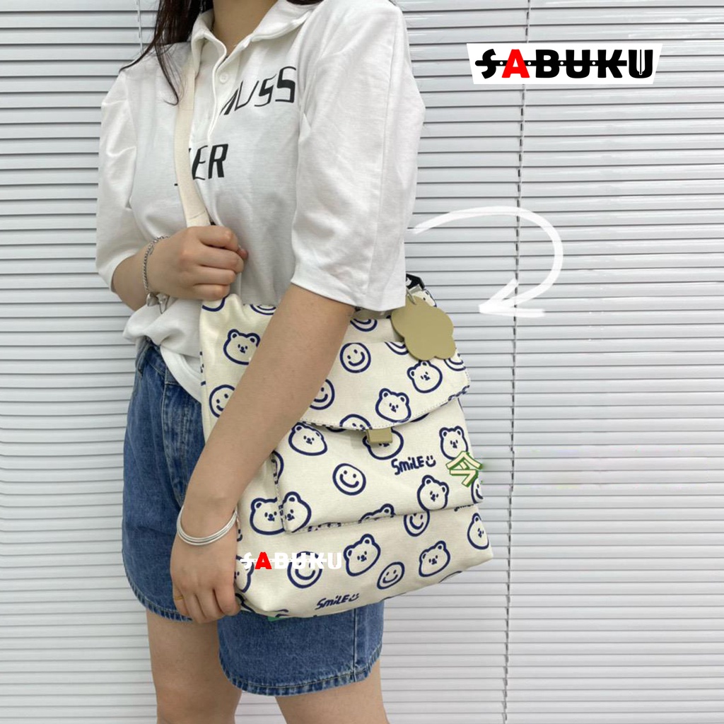 Tas Wanita Tote Bag Resleting Totebag Kuliah Cewek Kekinian Bahan Kanvas Tas Selempang SMILE -271