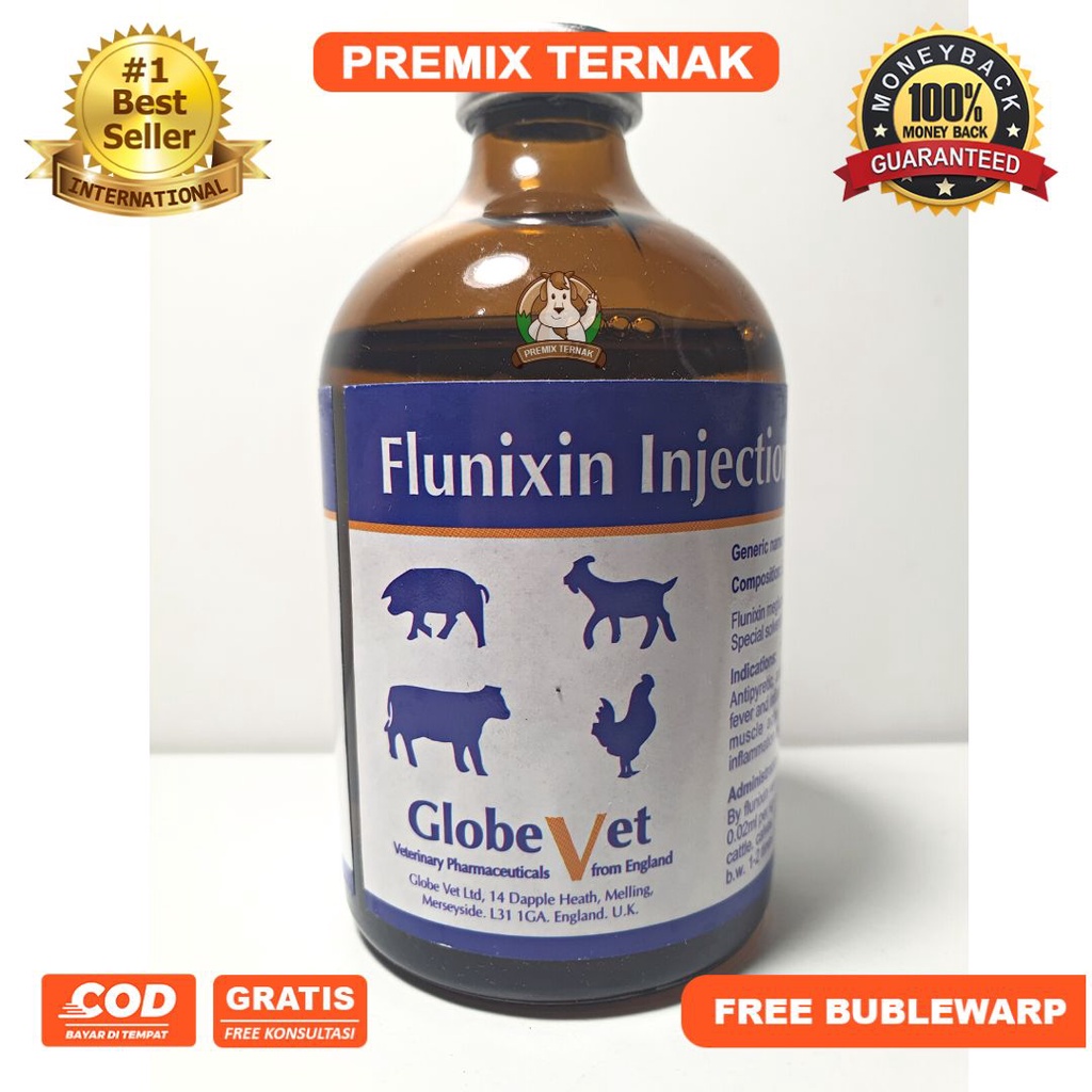 FLUNIXIN Injeksi 5% 100ml | obat hewan bengkak pincang obat Analgesik obat Anti Nyeri Anti Piretik obat anti meriang Anti Inflamasi anti Radang, Anti Racun | GLOBE VET