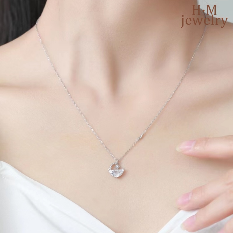 Kalung Rantai Sterling Silver 925 Dengan Liontin Bulan Sabit + Berlian Imitasi Untuk Wanita