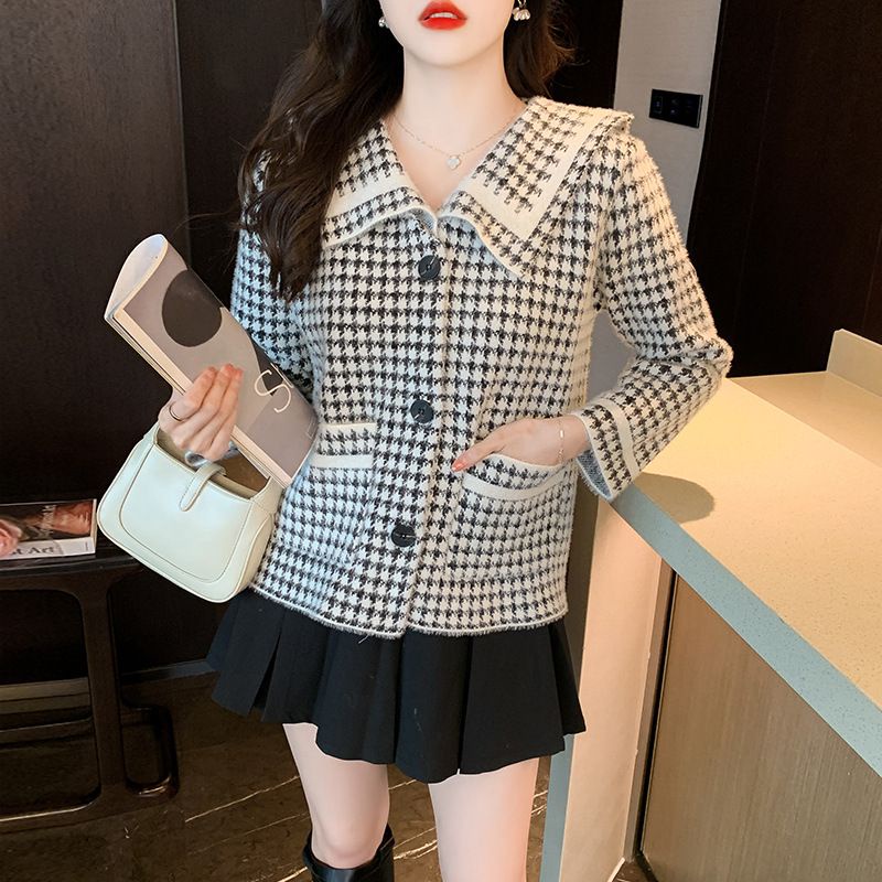 VN HARUMI FUR CARDIGAN HOUNDSTOOTH OVERSIZE / FUZZY KERAH SAILOR BLAZER